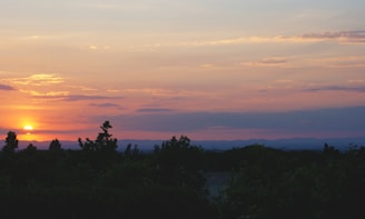 A vibrant sunset over a serene landscape with silhouettes of trees.