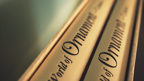 Close-up of a pair of book spines with a beige cover and elegant, decorative black text. The lettering is ornate and the focus is on the design style.