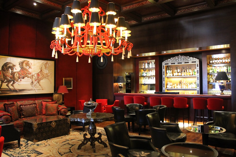 lighted chandelier inside bar