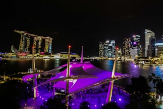 A nighttime view of Marina Bay in Singapore, featuring the iconic Marina Bay Sands hotel with its three towers and boat-shaped roof. Vibrant lights from surrounding skyscrapers reflect off the water, creating a dazzling cityscape. In the foreground, a structure with a purple canopy is illuminated, adding a vibrant accent to the scene.