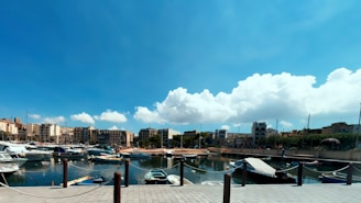 A peaceful view of Fairfield Harbour's waterfront with boats docked under a clear blue sky.