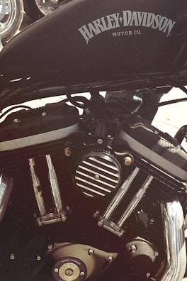Detailed view of a Harley-Davidson motorcycle engine, showcasing the intricate metal components and branding with the Harley-Davidson logo prominently displayed on the gas tank.