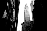 An artistic black and white photo of a cityscape.