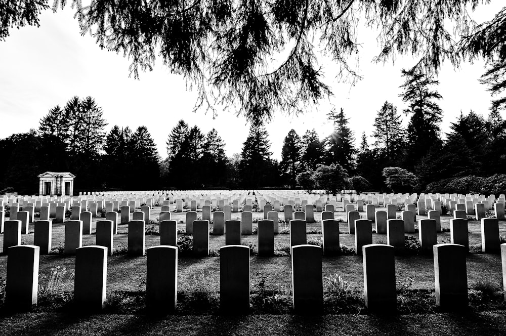 Fotografía en escala de grises del cementerio