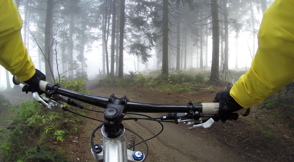 안개가 자욱한 날 숲에서 산악 자전거를 타는 사람