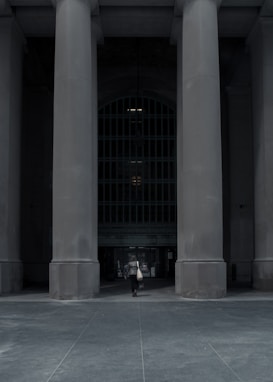 A solitary figure walks towards a building entrance framed by massive stone columns. The scene is set in an urban environment, with the grandeur of the architecture conveying a sense of history and power.