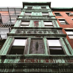 A multi-story building façade with aging green copper cladding, featuring ornate decorative designs between window frames. The structure is next to a red brick building with fire escape stairs.