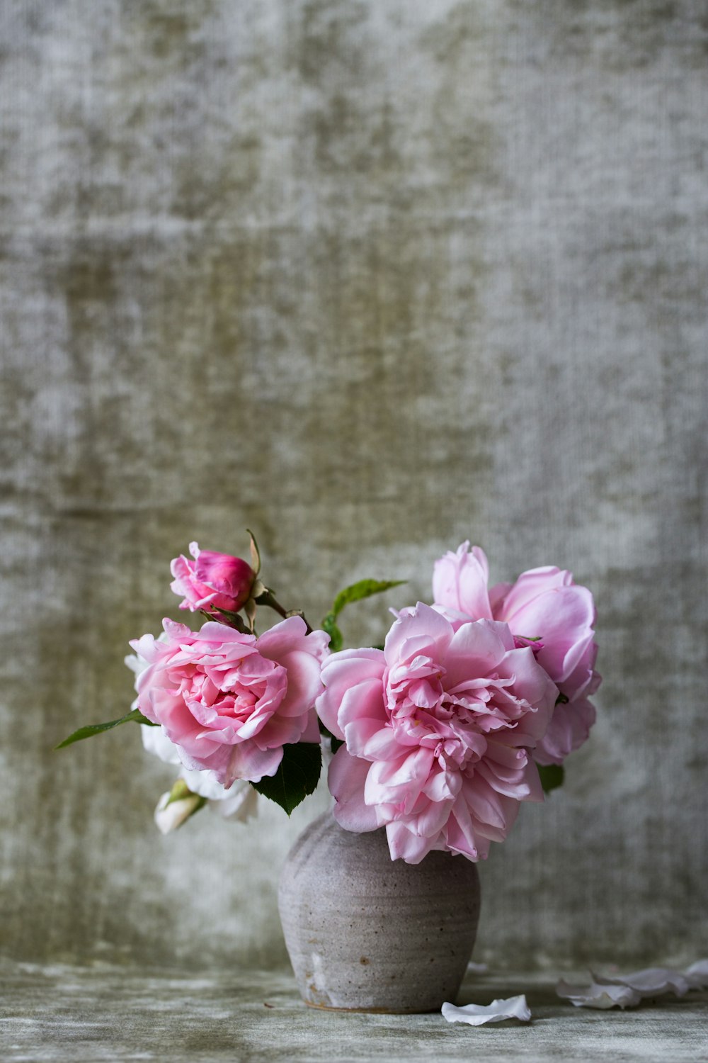 pink flowers on gray ceramic vase