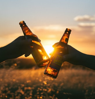 photography of person holding glass bottles during sunset