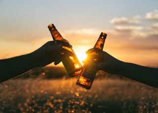 photography of person holding glass bottles during sunset