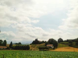A serene farmhouse surrounded by lush green fields under a cloudy sky.