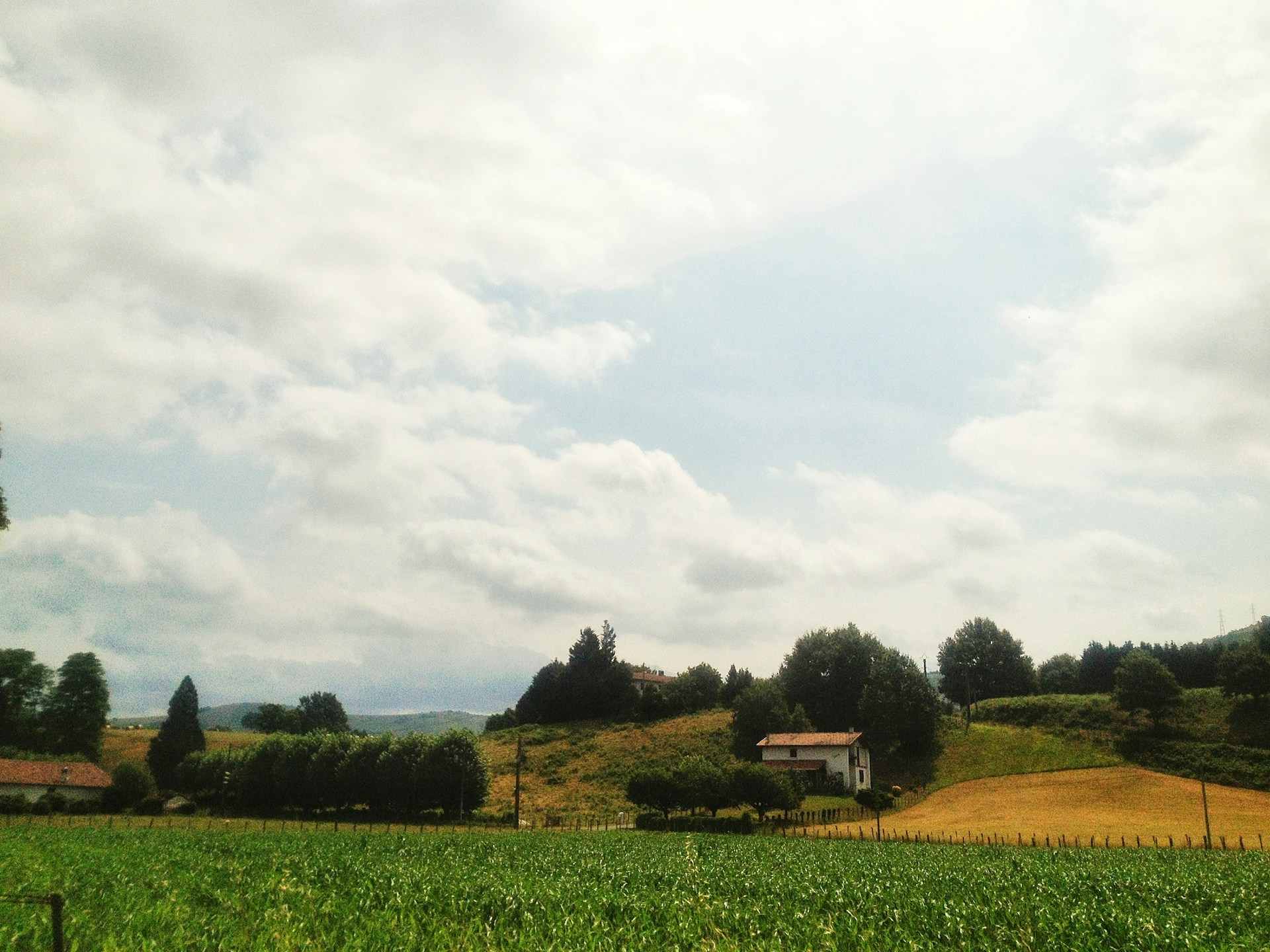 A peaceful rural farmhouse surrounded by green fields under a bright blue sky, symbolizing home and stability.