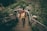 A person with a yellow backpack walks down a wooden stairway surrounded by lush green vegetation. The railings are weathered and have graffiti on them, suggesting this is a well-traveled path. The scene evokes a sense of adventure and exploration, with natural greenery enveloping the landscape.