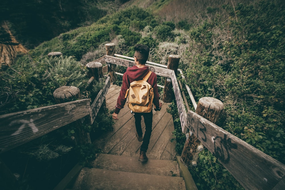 photo of person walking on ladder