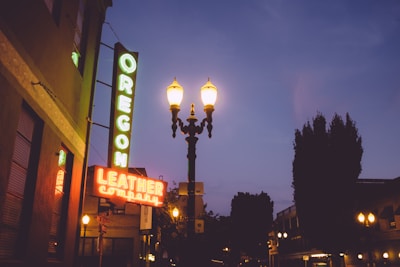 Neon signs illuminate a city street during twilight, featuring prominently a vertical sign displaying 'Oregon' and a horizontal sign for a 'Leather Company'. Vintage-style street lamps add a warm glow, and silhouetted trees frame the scene against a dusky sky.