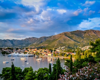 boats on body of water surrounded by trees and houses near mountain under blue and white sky at daytime