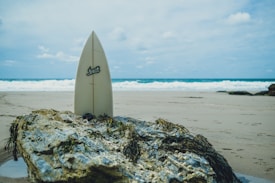 A sandy beach scene with a surfboard propped up vertically against a large rock in the foreground. The rock is partially covered in seaweed. The background features the ocean with waves crashing onto the shore beneath a partly cloudy sky.
