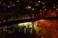 An aerial view of a large event with security presence.