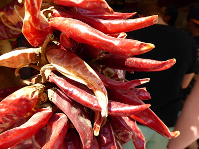 Close-up of whole dry chillies with vibrant red color.
