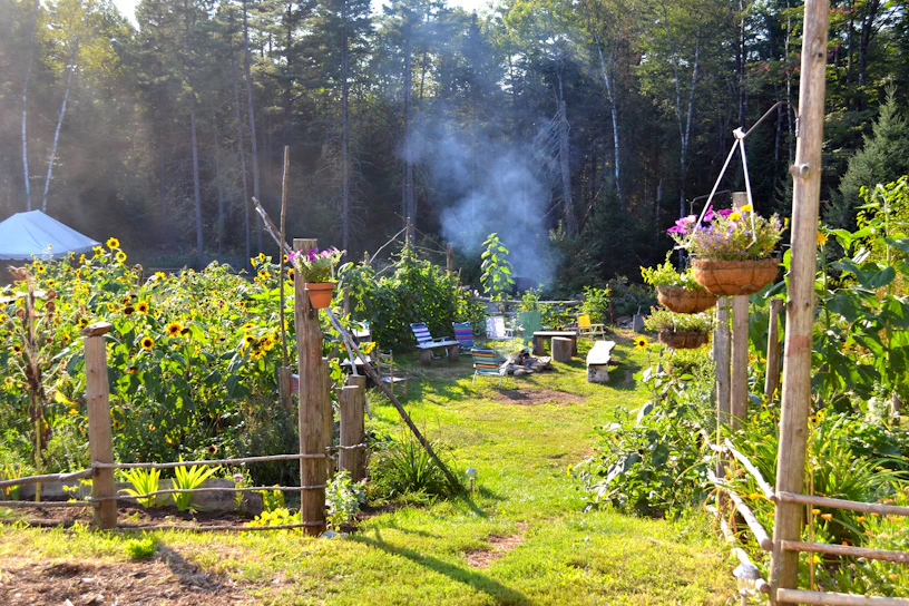 A vibrant garden with blooming flowers and a cozy seating area bathed in warm sunlight.