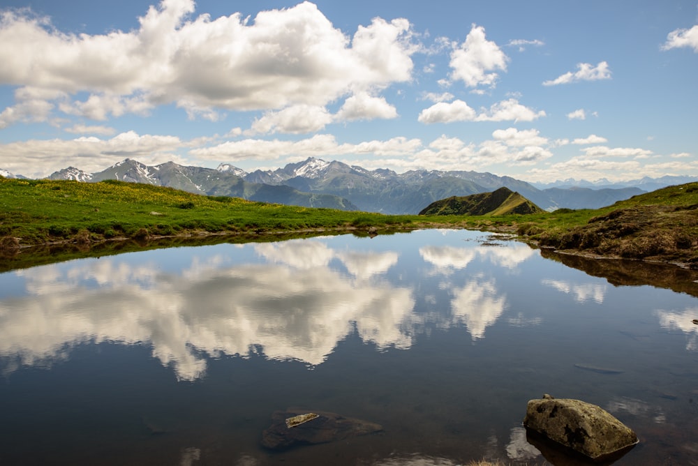 Plan d’eau calme entre les champs d’herbe