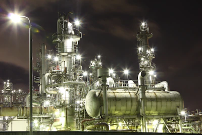 A nighttime shot of an industrial complex illuminated with deep blue lighting, emphasizing professionalism and precision.