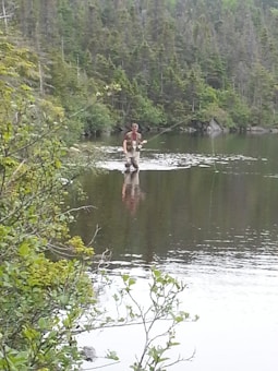 A person stands with waders in a shallow part of a lake, surrounded by dense coniferous forest. The individual appears to be fishing, holding a fishing rod while being partially submerged in water. The scene is calm and serene, with reflections of the trees on the water's surface.