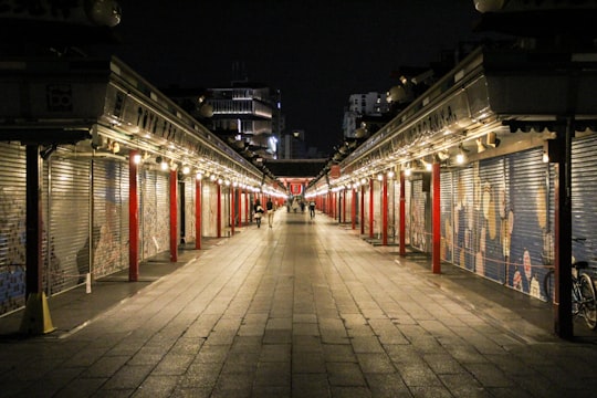empty pathway beside stores with roll top doors at night time in Sensō-ji Japan