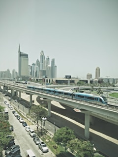 Elevated metro train travels through a modern urban landscape with tall skyscrapers in the background. The scene includes green trees lining the street below, with parked cars along the roadside. The cityscape appears modern and developed, with a clear sky above.