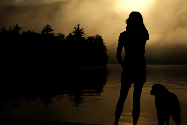 Silhouette of a person standing peacefully by a forest lake during a misty, tranquil sunrise.