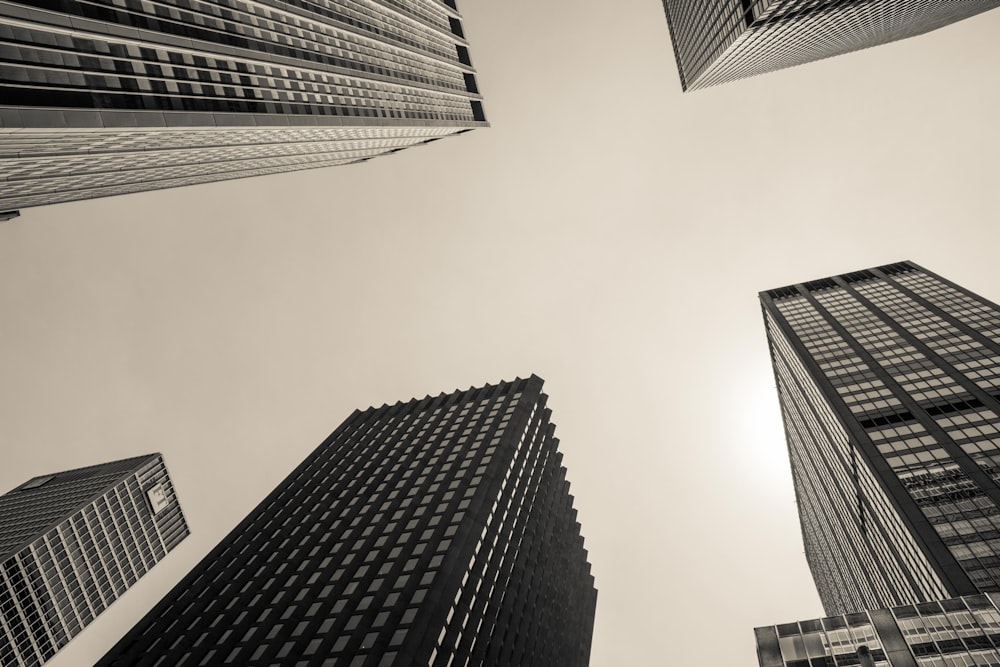 low angle and grayscale photography of high-rise buildings