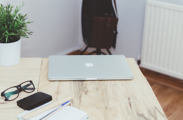 A serene office space with a desk, laptop, and a potted plant.