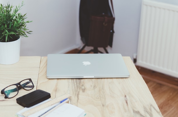 A modern laptop on a wooden desk with a potted plant.