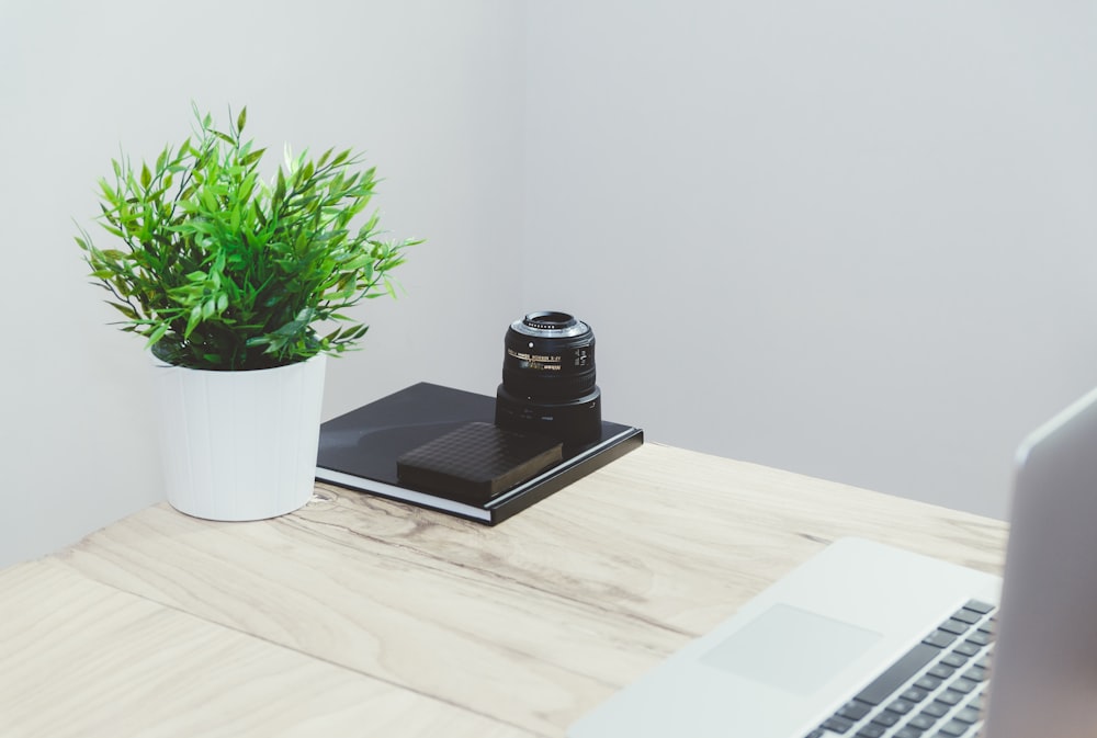 black camera on table near green plant on pot inside the room