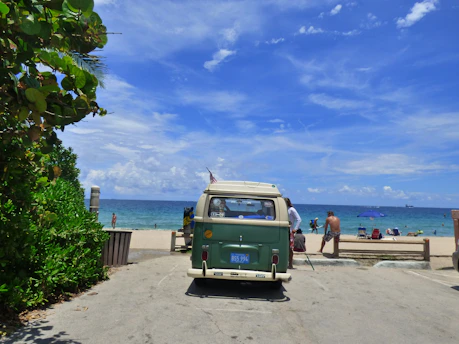 A vibrant blue vintage van parked by a sunny beach with palm trees swaying in the breeze.