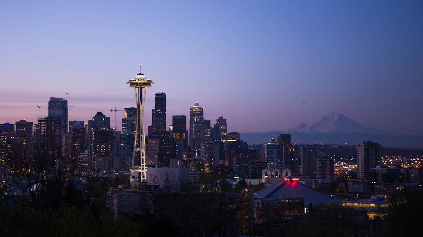 Seattle skyline with Mount Rainier, the South Sound region served by our Federal Way HQ