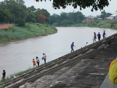 Community members planting trees along the riverbank to prevent erosion.