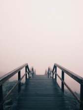 black wooden stairway covered with fog