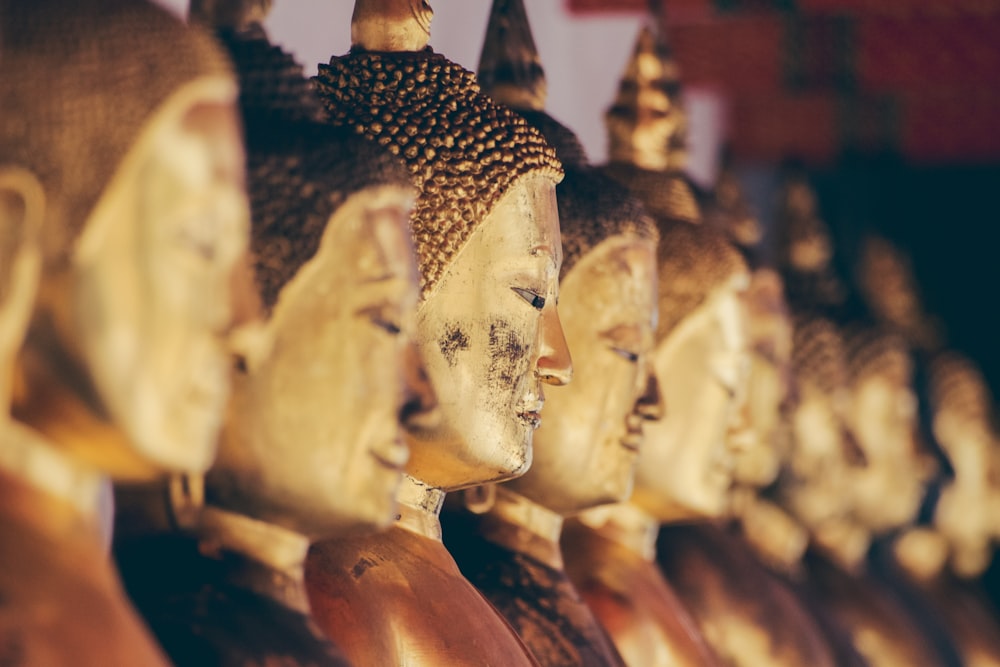 brass Gautama statue in tilt shift photography