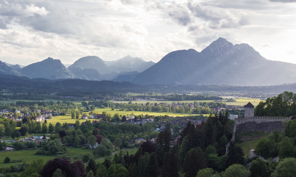 aerial view of green land and mountain