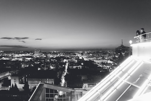 Black and white portrait of a city skyline at dusk.