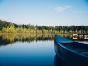 grey canoe on calm body of water near tall trees at daytime