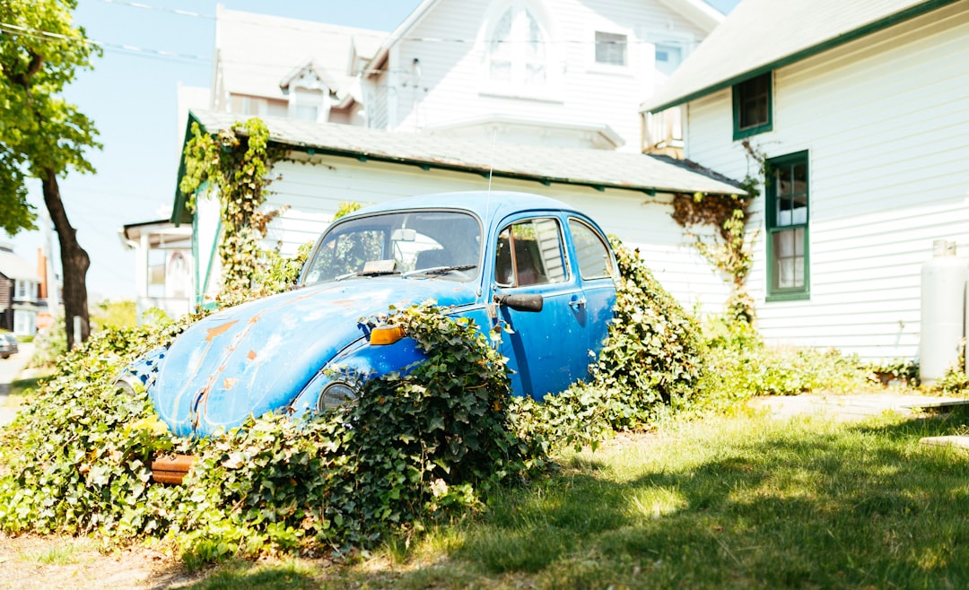 blue Volkswagen Beetle chassis covered in green vines