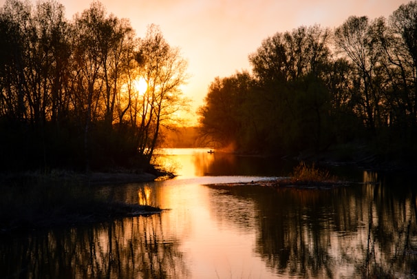 Sunset over the Amazon canopy, casting golden light on the tranquil river.