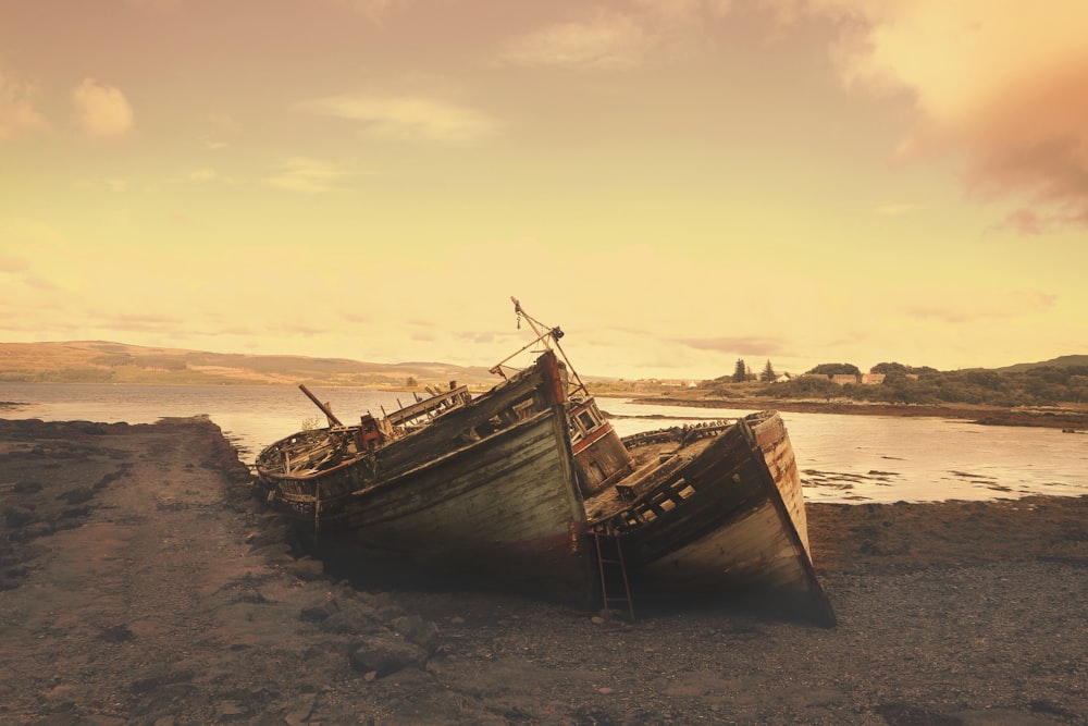 brown wreck boat near seashore during daytime