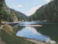 Executives paddling quietly in a canoe on a calm forest lake, surrounded by lush greenery.