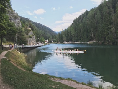 Children paddling a canoe together on a calm lake surrounded by lush greenery.