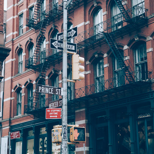 Brown and black loft building on Prince Street in SoHo, Manhattan