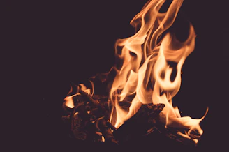A close-up of a painting capturing the flickering shapes and warm hues of fire's dance.