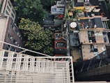 Aerial view of a dense urban environment with a focus on a rooftop courtyard. Multiple rooftops and terraces are visible, each having various items like tables, chairs, and plants. A large tree with green and yellow leaves contrasts against the concrete and brick buildings.